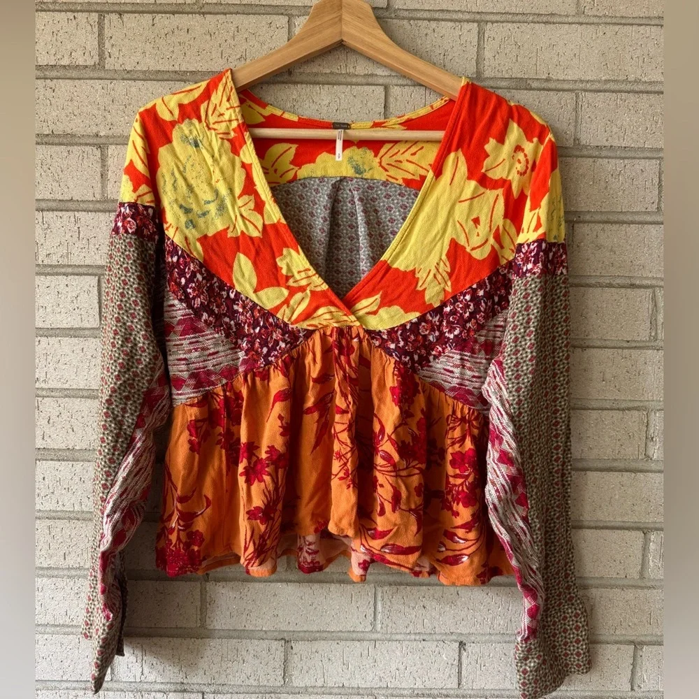 Free People Aloha State Of Mind Blouse V Neck Dolman Sleeve Small Yellow Orange